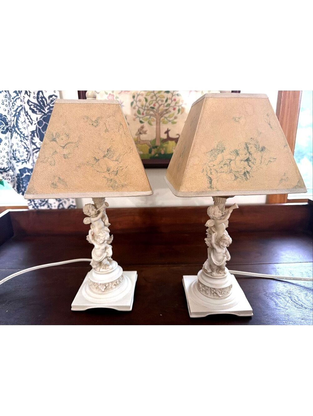 Pair VTG Resin Cherub Angel Table Accent Lamps W/ Shades 14” Holiday Regency